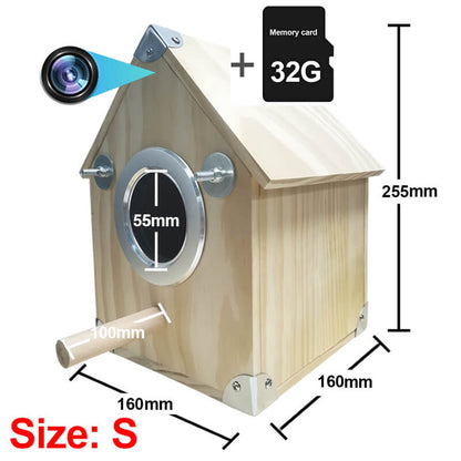 "Wooden bird nesting feeder with camera, weather-resistant, view birds day/night. Perfect for birdwatchers and nature lovers.