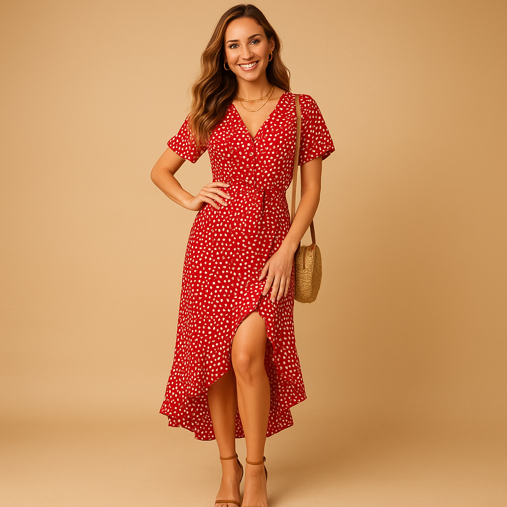 Wrap summer dress for women with V-neckline, asymmetrical hem, and adjustable waist tie, ideal for warm-weather outings and summer occasions.