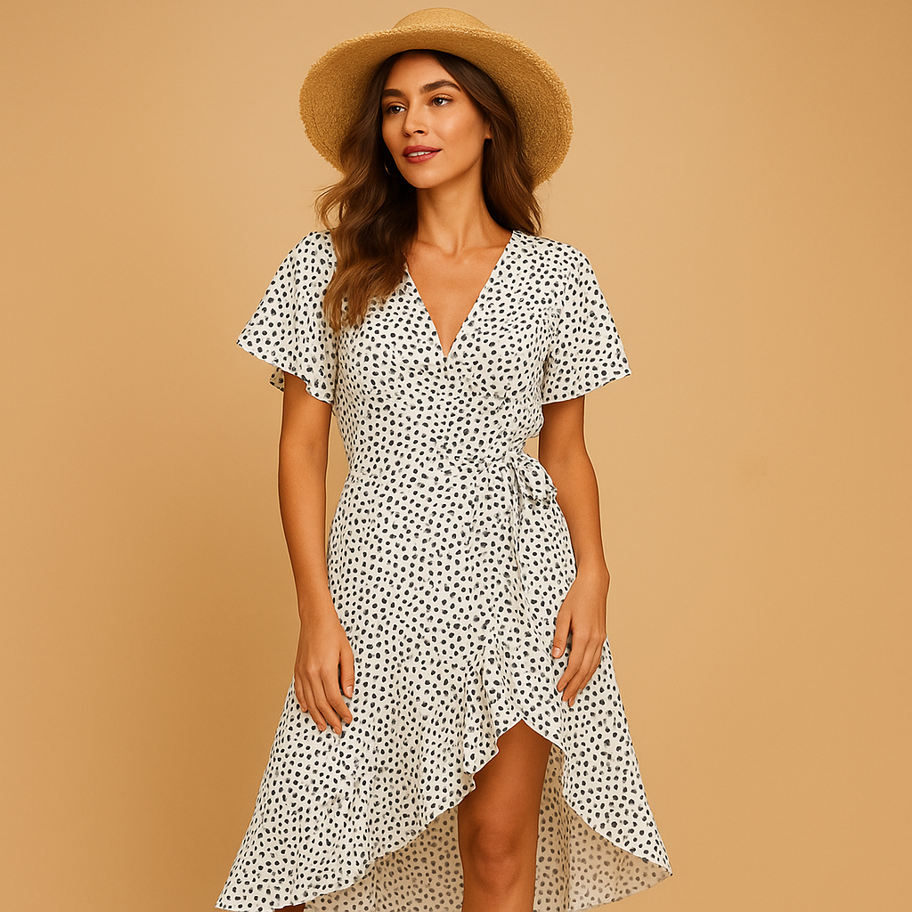 Wrap summer dress for women with V-neckline, asymmetrical hem, and adjustable waist tie, ideal for warm-weather outings and summer occasions.