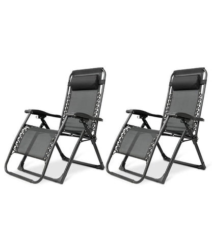 Zero gravity folding chair in black with adjustable headrest, ergonomic design, foldable for outdoor and indoor relaxation.