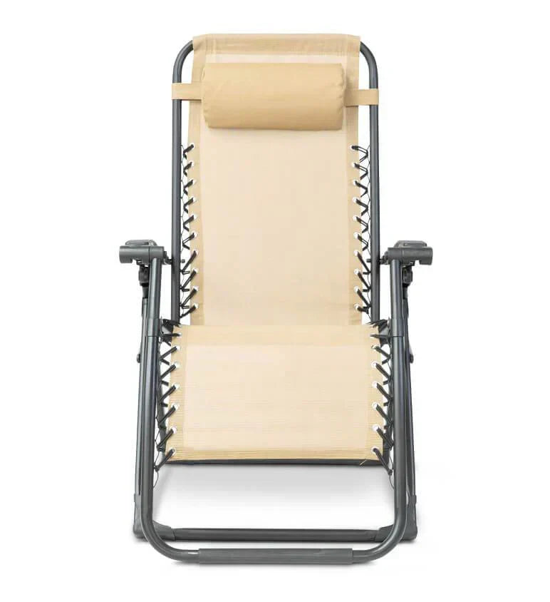 Zero gravity folding chair in black with adjustable headrest, ergonomic design, foldable for outdoor and indoor relaxation.