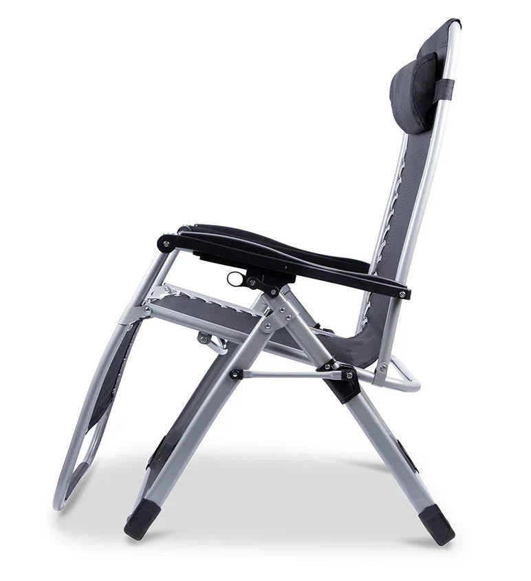 Zero gravity folding chair in black with adjustable headrest, ergonomic design, foldable for outdoor and indoor relaxation.